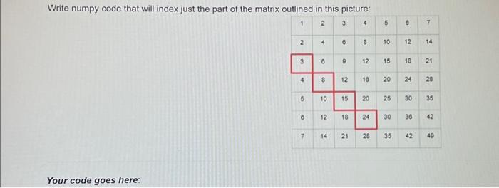 Write numpy code that will index just the part of the matrix outlined in this picture: 1 2 3 4 Your code goes