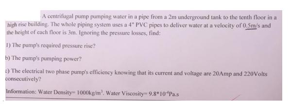 A centrifugal pump pumping water in a pipe from a 2m underground tank to the tenth floor in a high rise