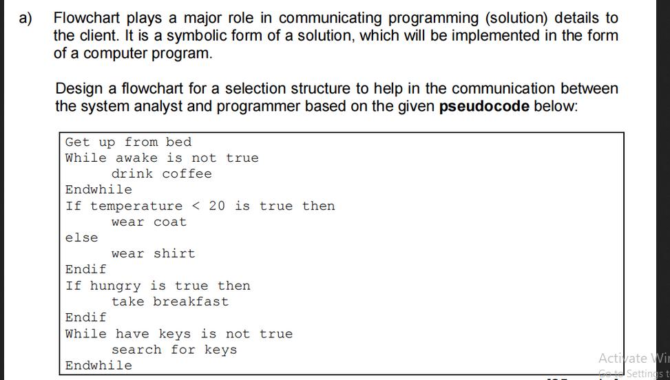 a) Flowchart plays a major role in communicating programming (solution) details to the client. It is a
