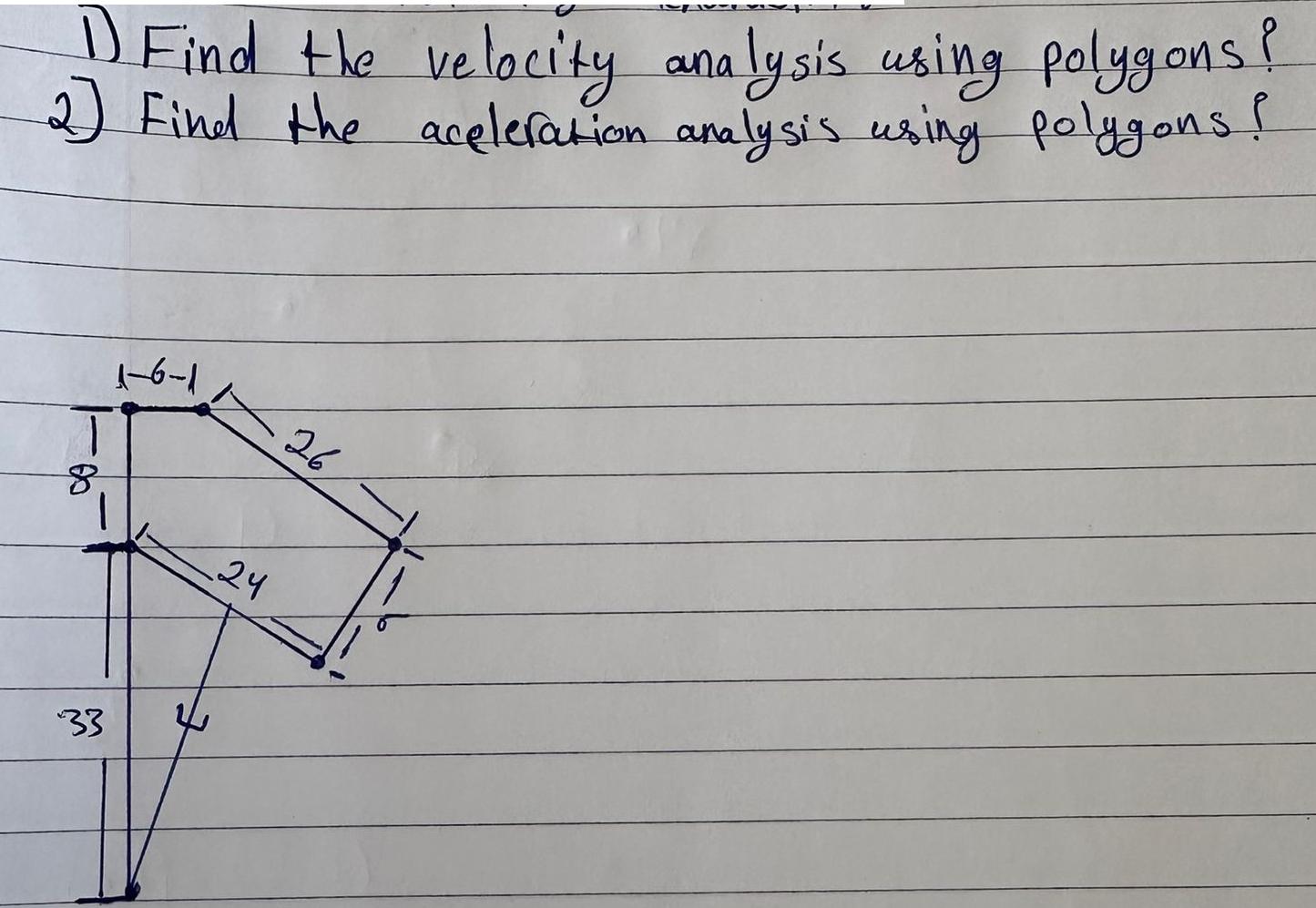 1) Find the velocity analysis using polygons! 2) Find the aceleration analysis using polygons! 8. 1 33 1-6-1