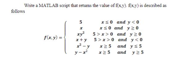 Write a MATLAB script that returns the value of f(x,y). f(x,y) is described as follows f (x, y) = 5 xy x+y x