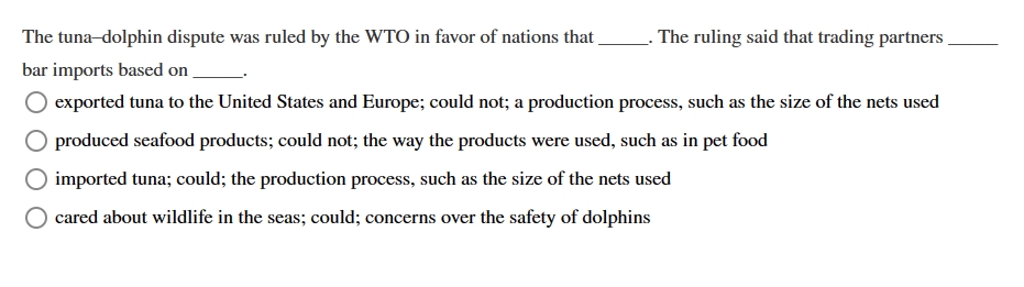 _. The ruling said that trading partners The tuna-dolphin dispute was ruled by the WTO in favor of nations