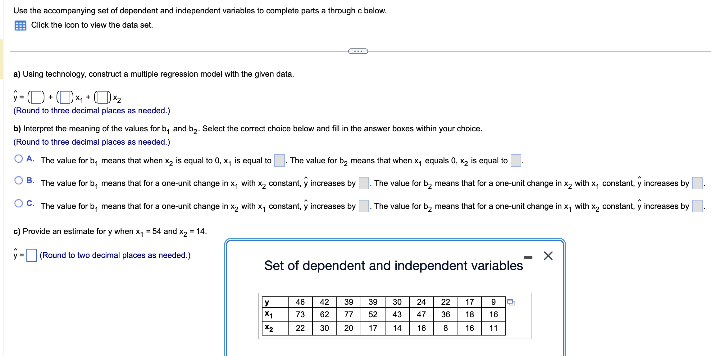 Use the accompanying set of dependent and independent variables to complete parts a through c below. Click