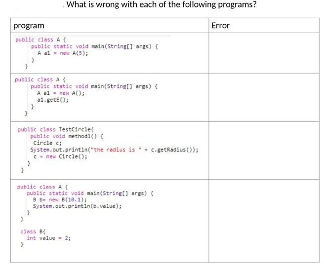 program public class A { } } public class A { What is wrong with each of the following programs? public