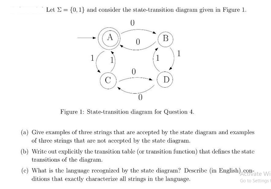 Let E= {0, 1} and consider the state-transition diagram given in Figure 1. 0 1 A 0 0 B D 1 0 Figure 1: