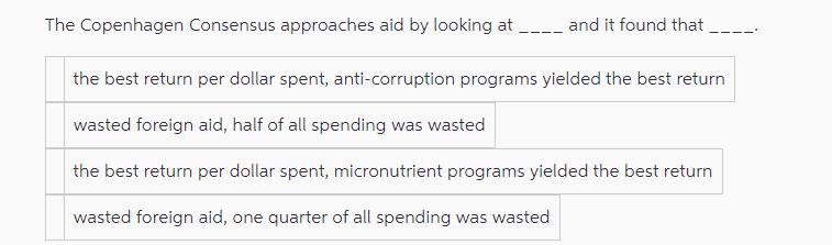 The Copenhagen Consensus approaches aid by looking at _____ and it found that the best return per dollar