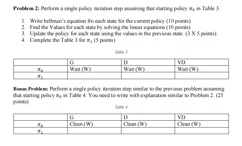 Problem 2: Perform a single policy iteration step assuming that starting policy in Table 3. 1. Write