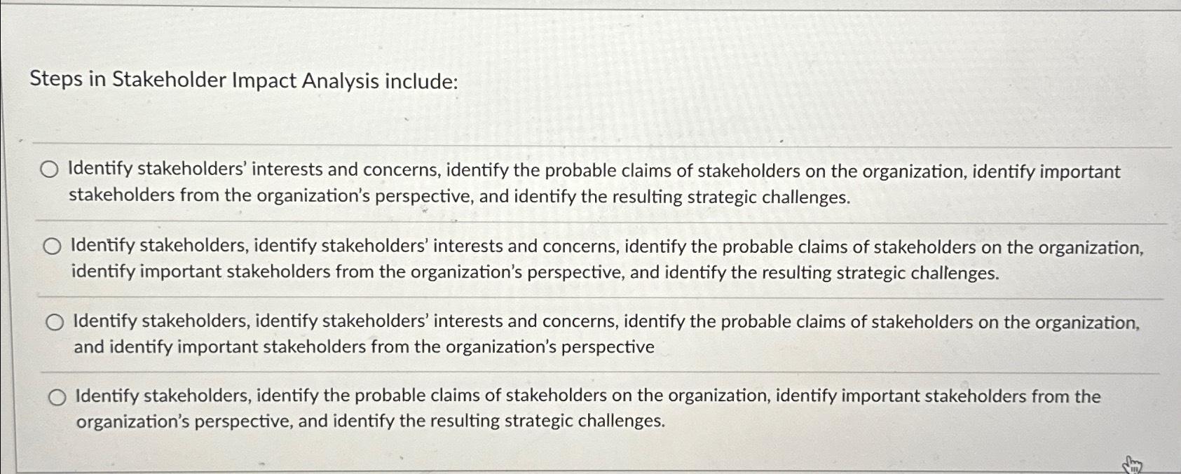 Steps in Stakeholder Impact Analysis include: Identify stakeholders' interests and concerns, identify the
