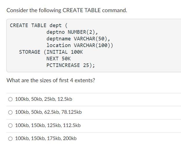 Consider the following CREATE TABLE command. CREATE TABLE dept ( deptno NUMBER (2), deptname VARCHAR (50),