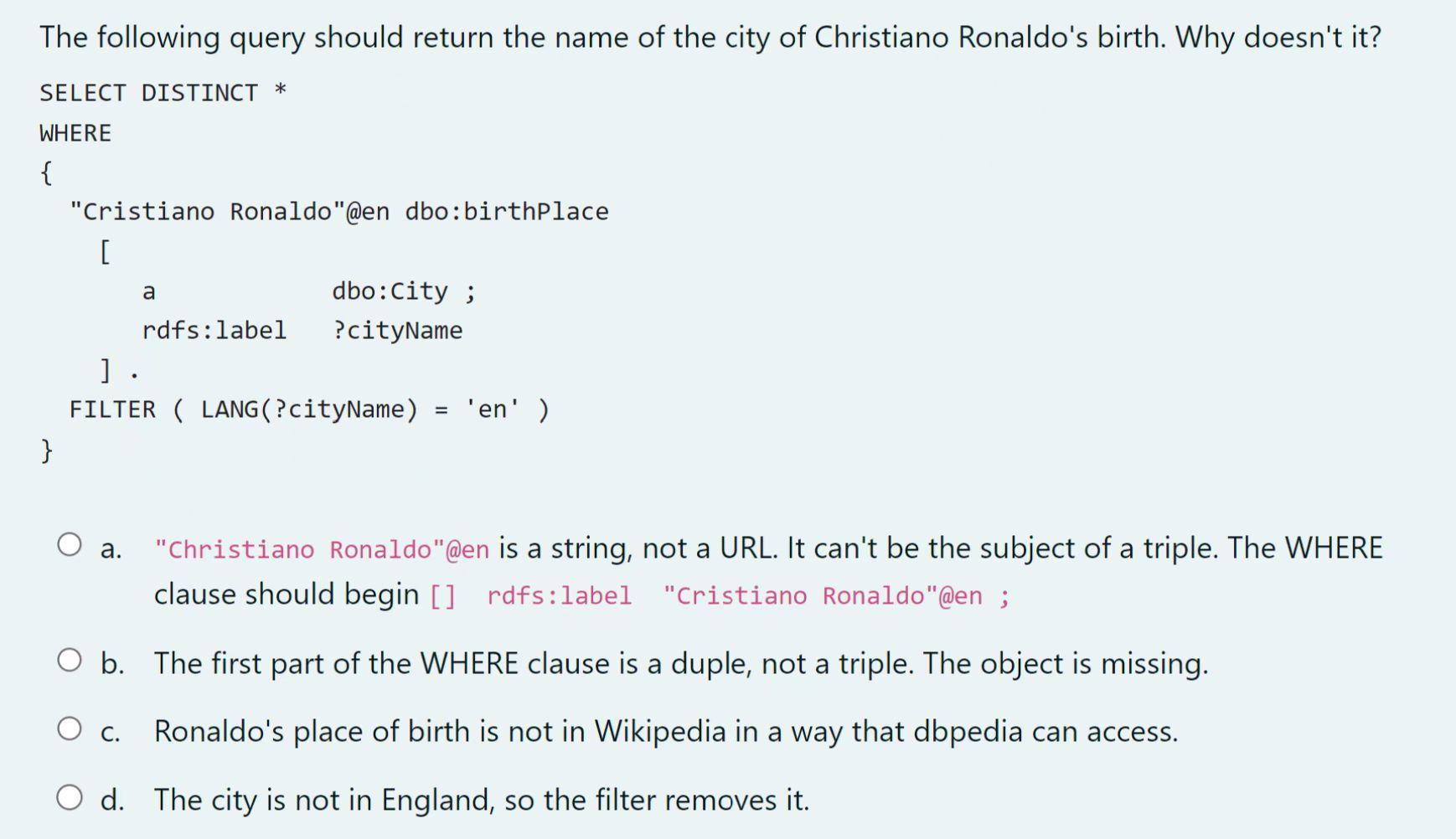 The following query should return the name of the city of Christiano Ronaldo's birth. Why doesn't it? SELECT