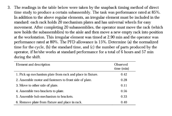3. The readings in the table below were taken by the snapback timing method of direct time study to produce a