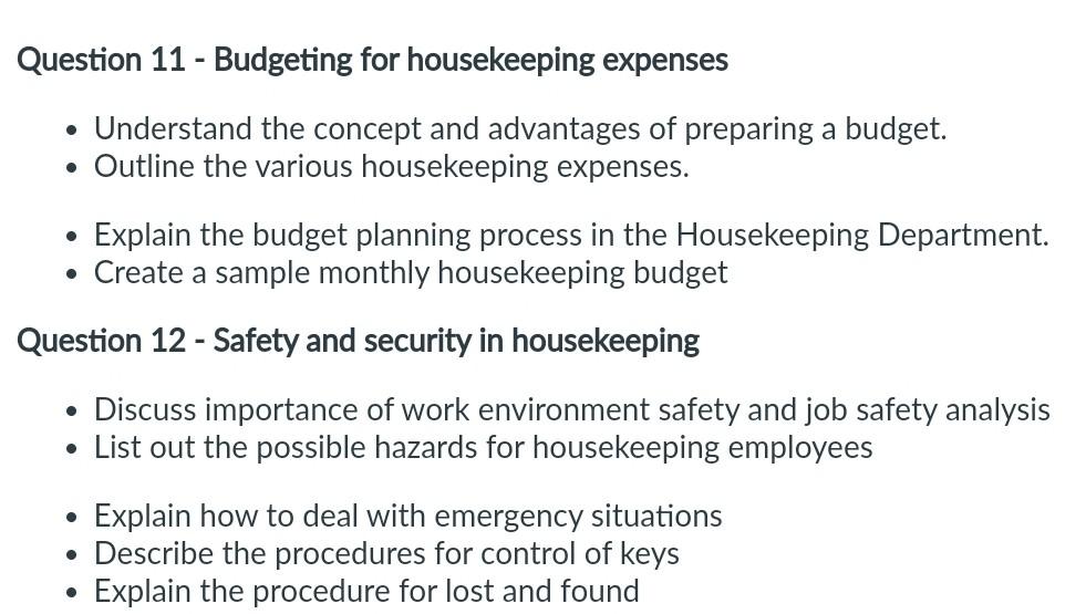 Question 11 - Budgeting for housekeeping expenses . Understand the concept and advantages of preparing a