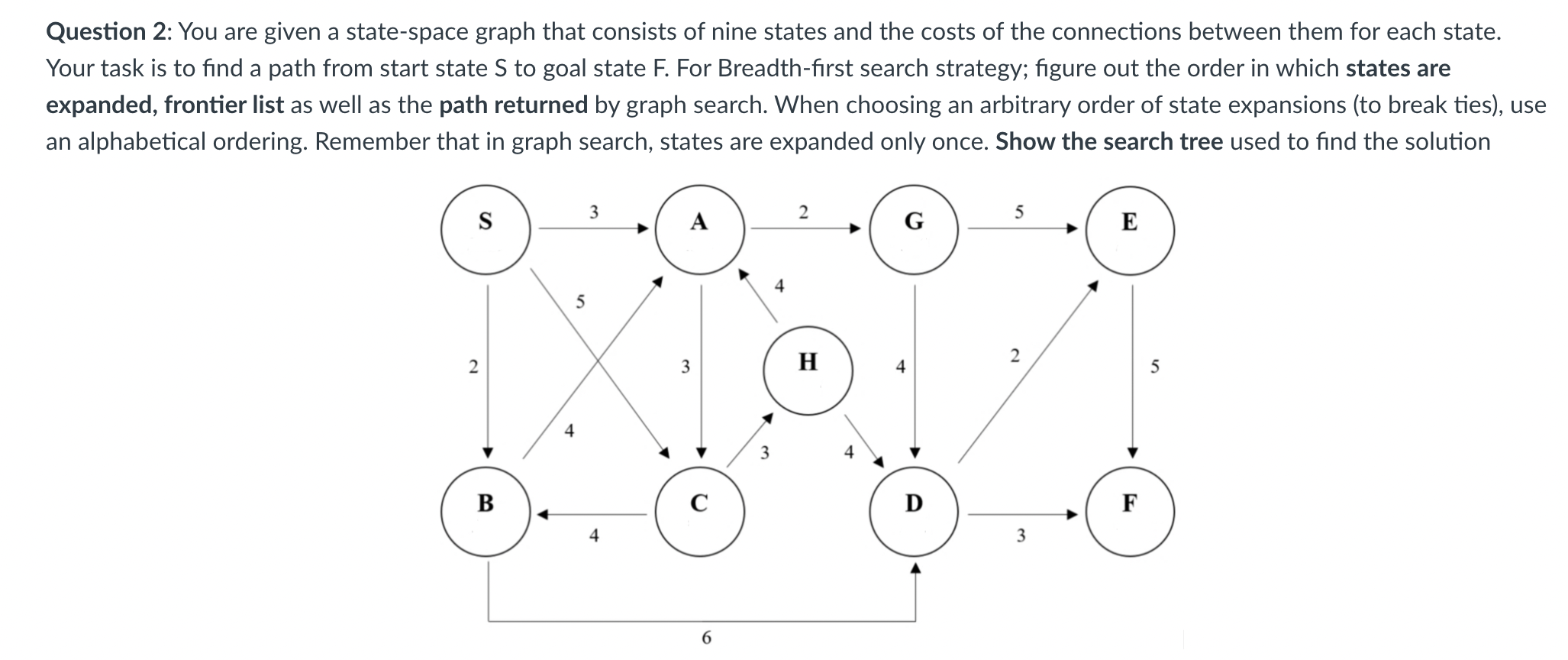 Question 2: You are given a state-space graph that consists of nine states and the costs of the connections