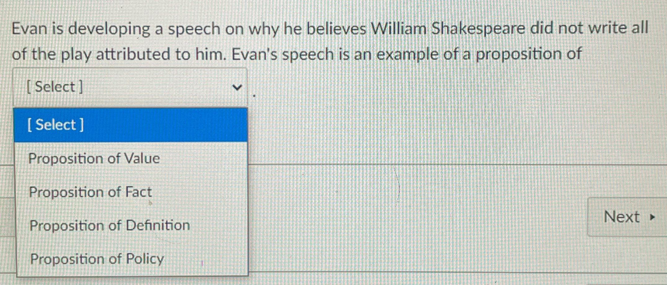 Evan is developing a speech on why he believes William Shakespeare did not write all of the play attributed