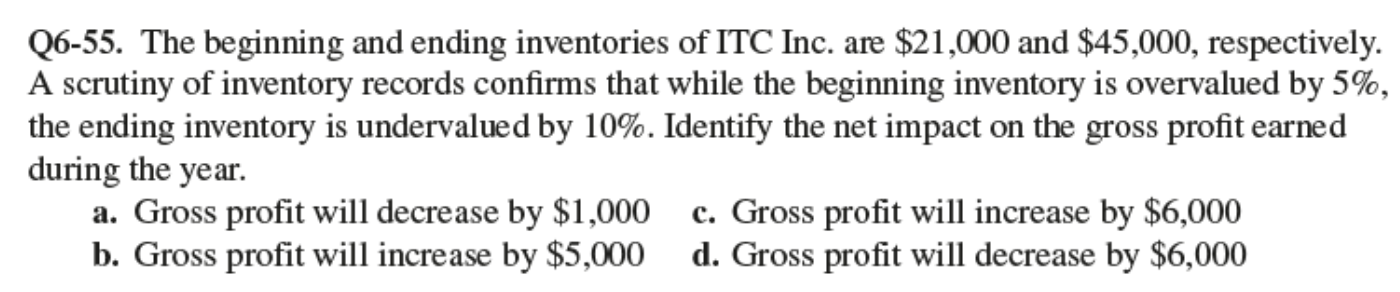 Q6-55. The beginning and ending inventories of ITC Inc. are $21,000 and $45,000, respectively. A scrutiny of