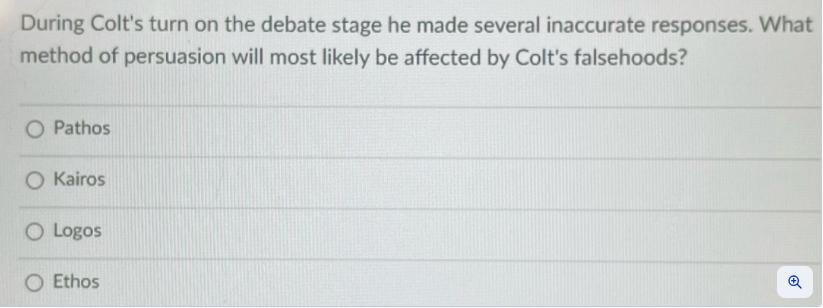 During Colt's turn on the debate stage he made several inaccurate responses. What method of persuasion will