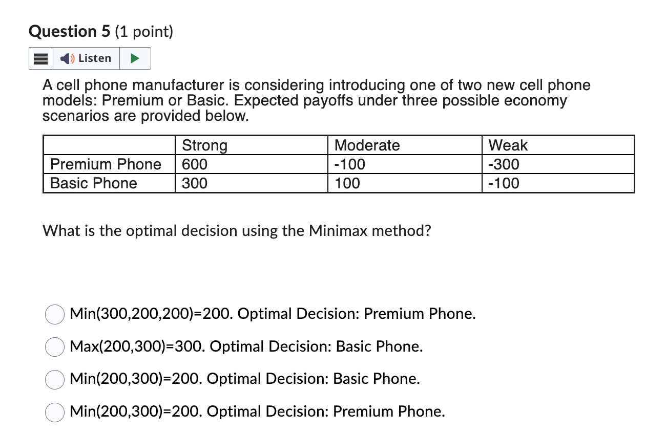 Question 5 (1 point) Listen A cell phone manufacturer is considering introducing one of two new cell phone