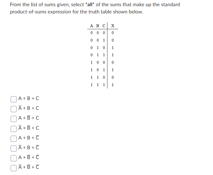 From the list of sums given, select *all* of the sums that make up the standard product-of-sums expression