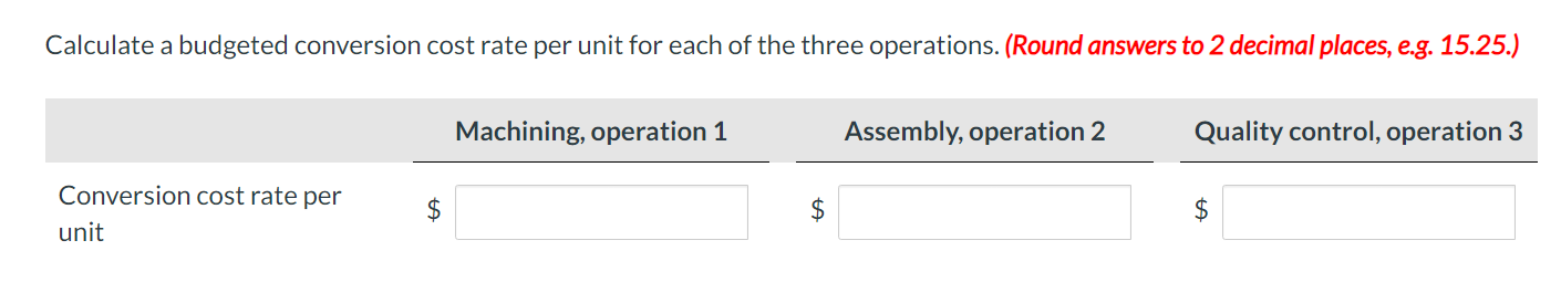 Calculate a budgeted conversion cost rate per unit for each of the three operations. (Round answers to 2