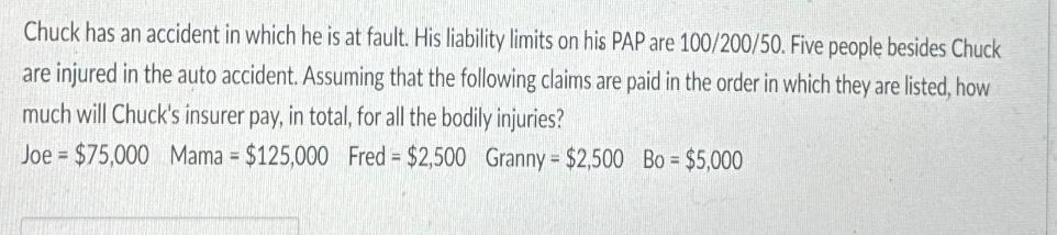 Chuck has an accident in which he is at fault. His liability limits on his PAP are 100/200/50. Five people
