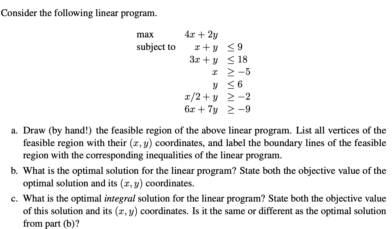 Consider the following linear program. max subject to 4x + 2y x + y 3x + y x 9 18  5 y  x/2 + y 6x + 7y -2 -9
