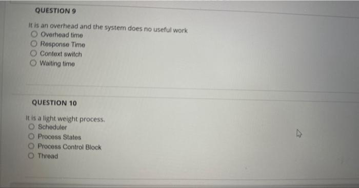 QUESTION 9 It is an overhead and the system does no useful work O 0000 Overhead time Response Time Context