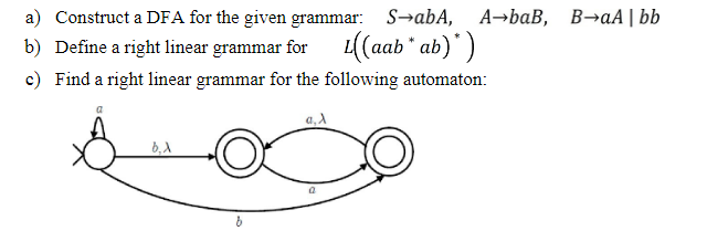 a) Construct a DFA for the given grammar: SabA, A-baB, B-aA | bb b) Define a right linear grammar for L((aab*