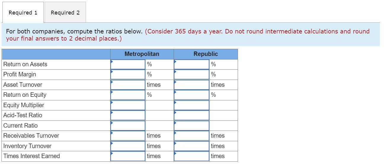 Required 1 Required 2 For both companies, compute the ratios below. (Consider 365 days a year. Do not round