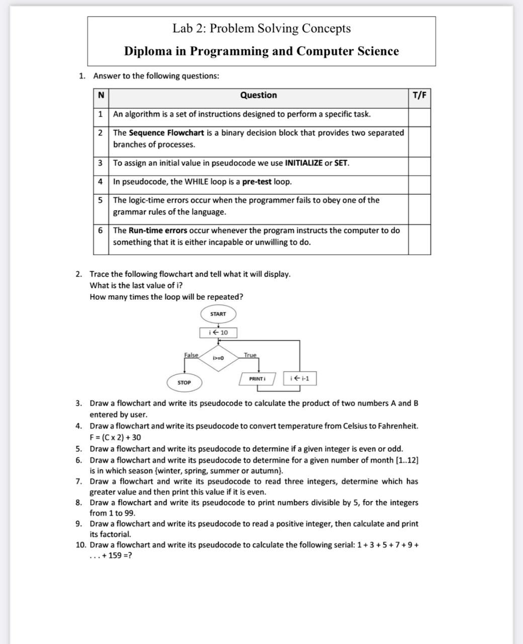 Lab 2: Problem Solving Concepts Diploma in Programming and Computer Science 1. Answer to the following