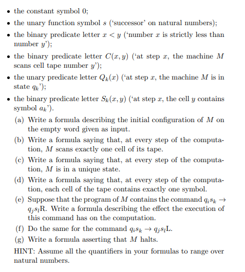 the constant symbol 0;  the unary function symbol s ('successor' on natural numbers);  the binary predicate
