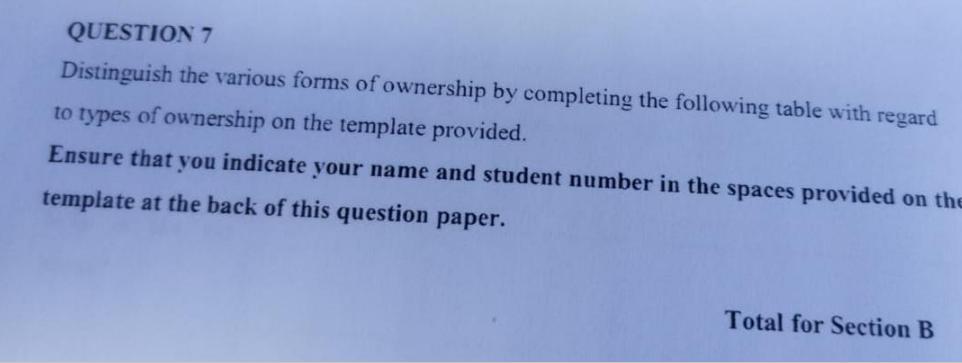 QUESTION 7 Distinguish the various forms of ownership by completing the following table with regard to types