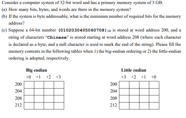 Consider a computer system of 32-bit word and has a primary memory system of 3 GB. (a) How many bits, bytes,