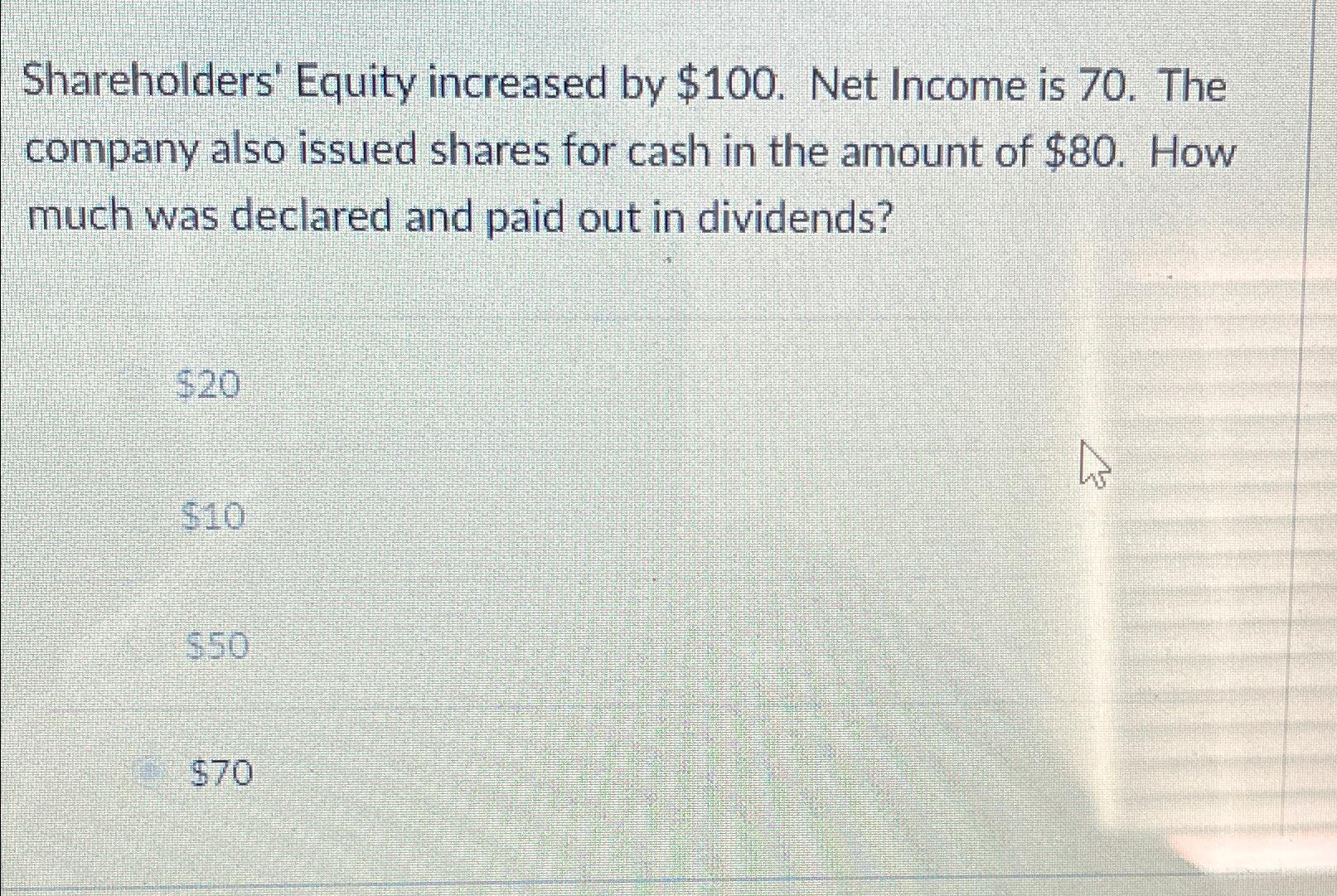 Shareholders' Equity increased by $100. Net Income is 70. The company also issued shares for cash in the