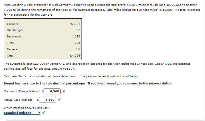 Marc Lusebrink, sole proprietor of Oak Company, bought a used automobile and drove it 6,000 miles through