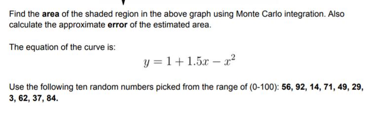 Find the area of the shaded region in the above graph using Monte Carlo integration. Also calculate the