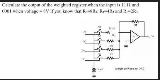 Calculate the output of the weighted register when the input is 1111 and 0001 when voltage = 8V if you know