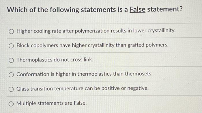Which of the following statements is a False statement? O Higher cooling rate after polymerization results in