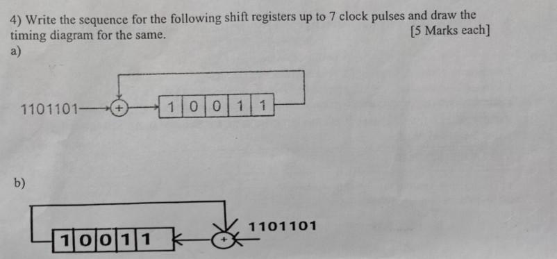 4) Write the sequence for the following shift registers up to 7 clock pulses and draw the timing diagram for