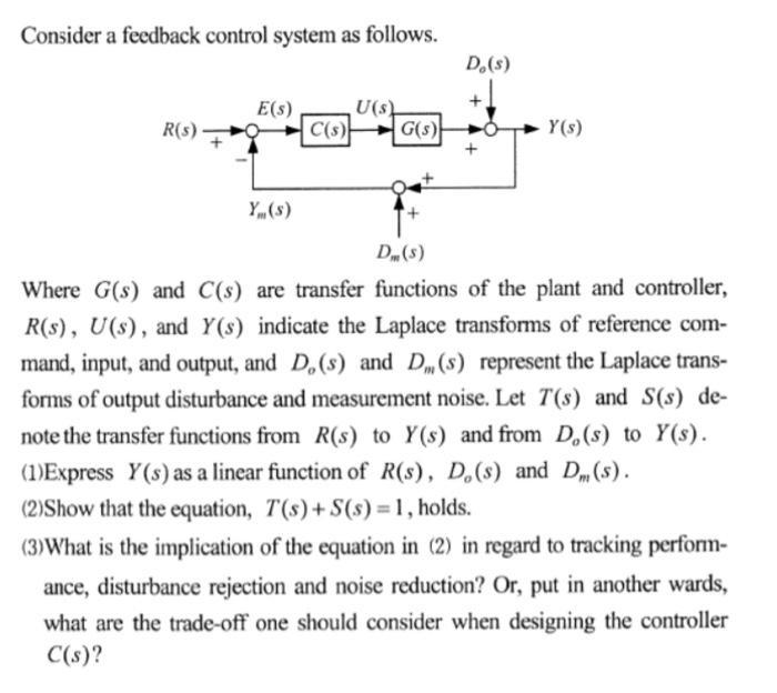 Consider a feedback control system as follows. R(s) E(s) Y(S) C(s) U(s) G(s) Do(s) Y(s) Dm(s) Where G(s) and