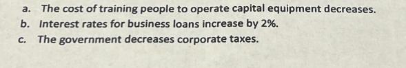 a. The cost of training people to operate capital equipment decreases. b. Interest rates for business loans
