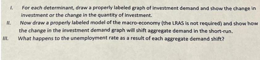 1. 11. III. For each determinant, draw a properly labeled graph of investment demand and show the change in