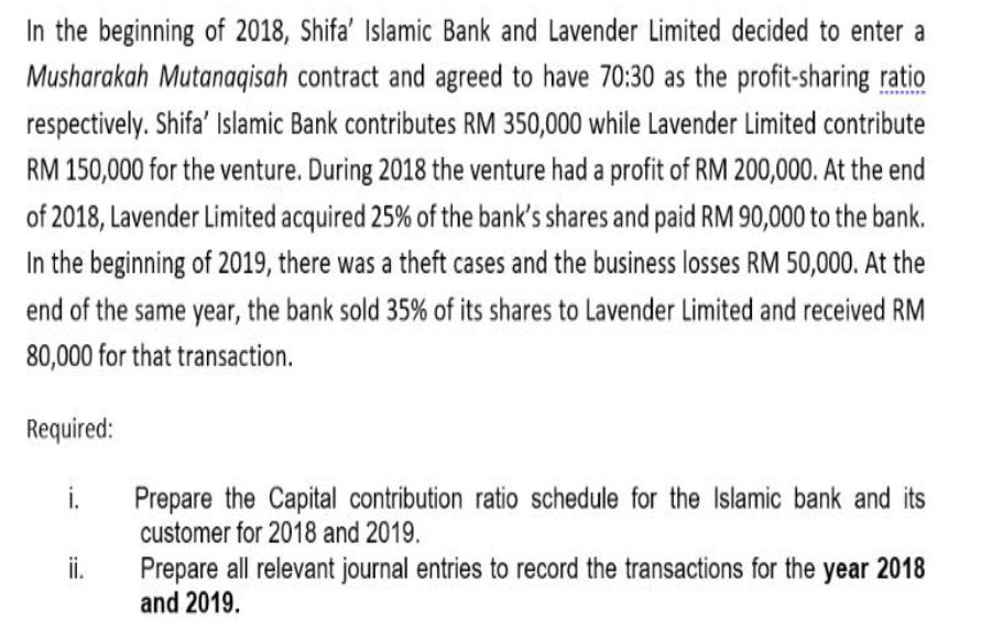 In the beginning of 2018, Shifa' Islamic Bank and Lavender Limited decided to enter a Musharakah Mutanaqisah