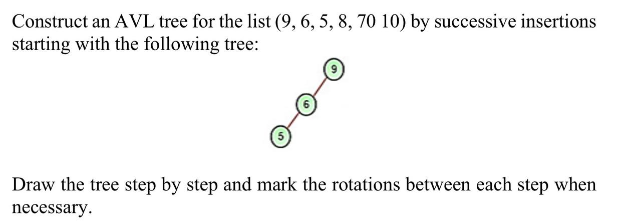 Construct an AVL tree for the list (9, 6, 5, 8, 70 10) by successive insertions starting with the following