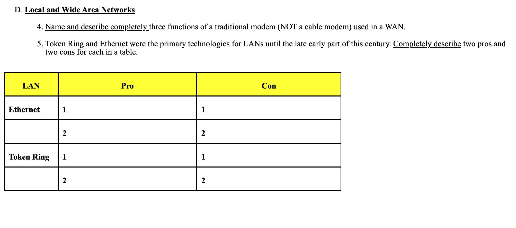D. Local and Wide Area Networks 4. Name and describe completely_three functions of a traditional modem (NOT a