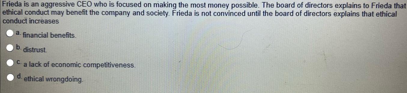 Frieda is an aggressive CEO who is focused on making the most money possible. The board of directors explains