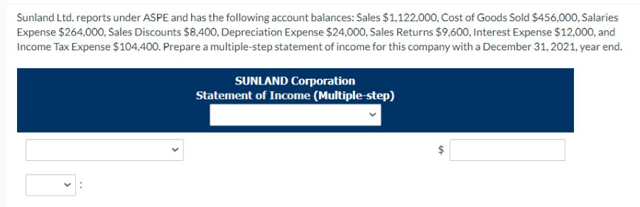 Sunland Ltd. reports under ASPE and has the following account balances: Sales $1,122,000, Cost of Goods Sold