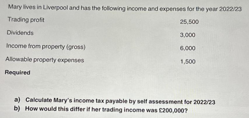 Mary lives in Liverpool and has the following income and expenses for the year 2022/23 Trading profit 25,500