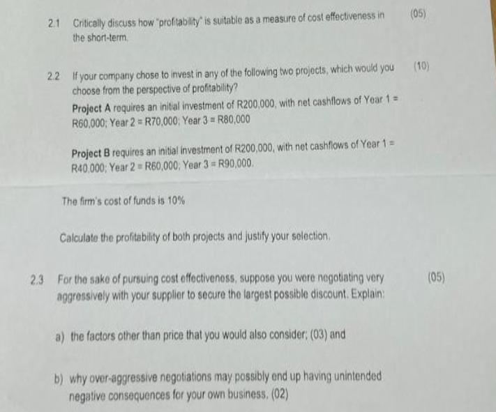 2.1 Critically discuss how "profitability is suitable as a measure of cost effectiveness in the short-term