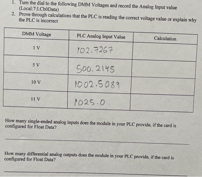 1. Turn the dial to the following DMM Voltages and record the Analog Input value (Local:7:I.Ch0Data) 2. Prove