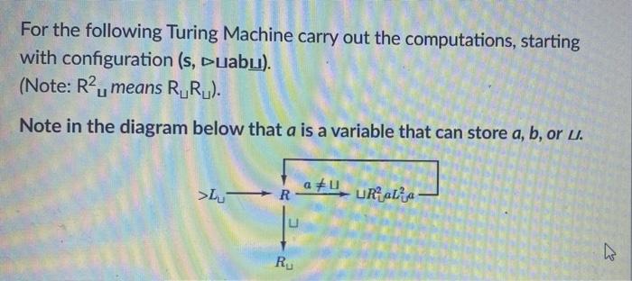 For the following Turing Machine carry out the computations, starting with configuration (s, Duabu). (Note: